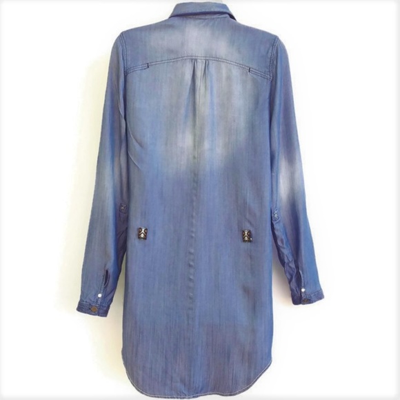 Miss Me Shirt Dress Chambray Embroidered Trim Decorative Buttons Pockets XS - Picture 3 of 8